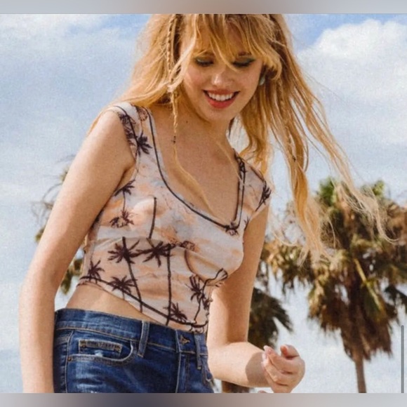 Urban outfitters nyla orange palm print mesh crop corset look top size large new - Picture 2 of 4